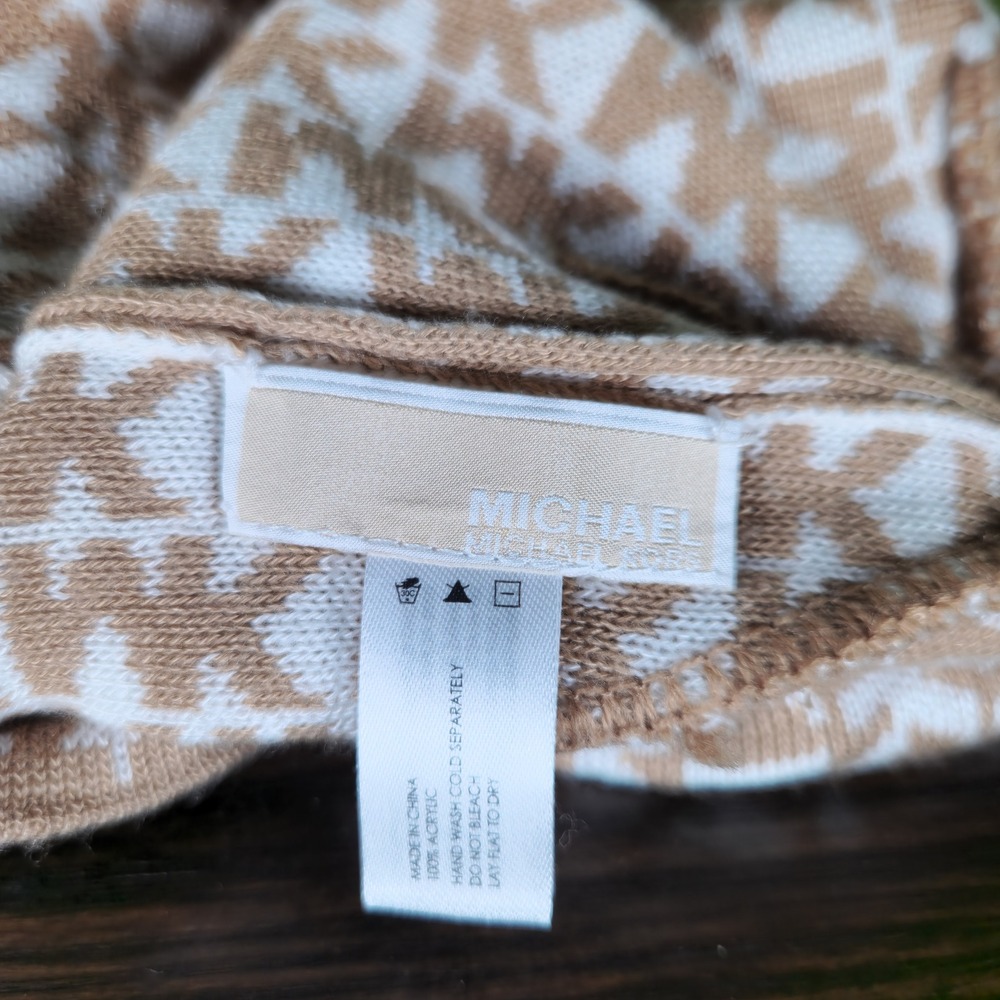 Michael Kors Womens Monogram Logo Knit Beanie and Scarf Set Camel Cream MK - Picture 2 of 5
